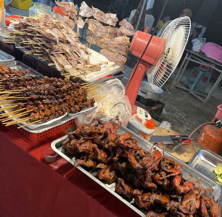 Grilled skewers and meats piled on trays at a night market stall