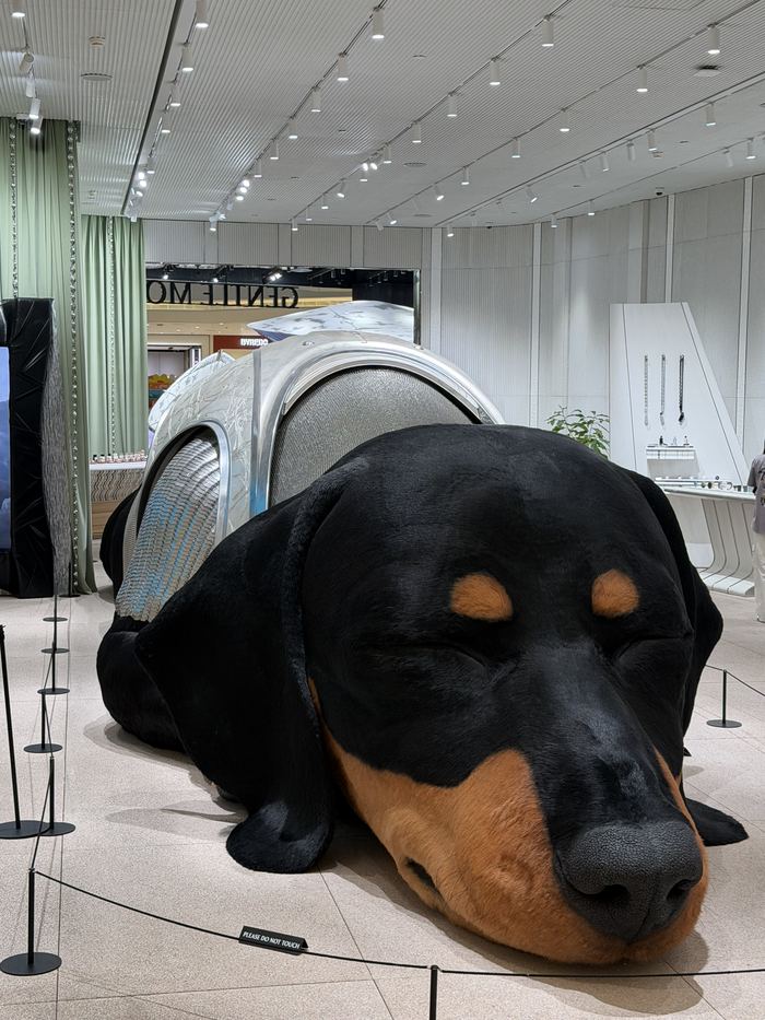 A giant sleeping dog sculpture inside a mall