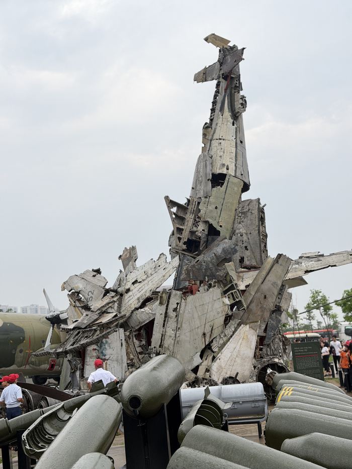 A tower of aircraft wreckage at the Vietnam Military History Museum
