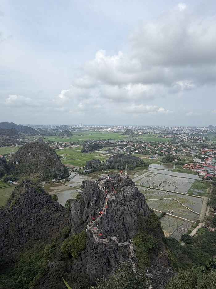 Karst peaks and rice fields seen from a mountaintop